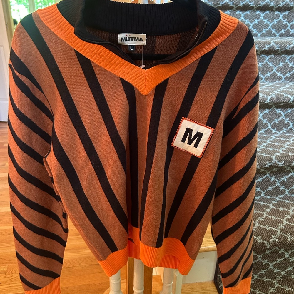 Mutma anthropologie V-Neck Brown and Orange Sweater with Diagonal Stripes